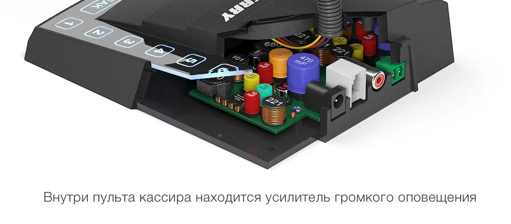Миниатюрный усилитель D-класса расположился внутри корпуса пульта кассира многоканального переговорного устройства S-665